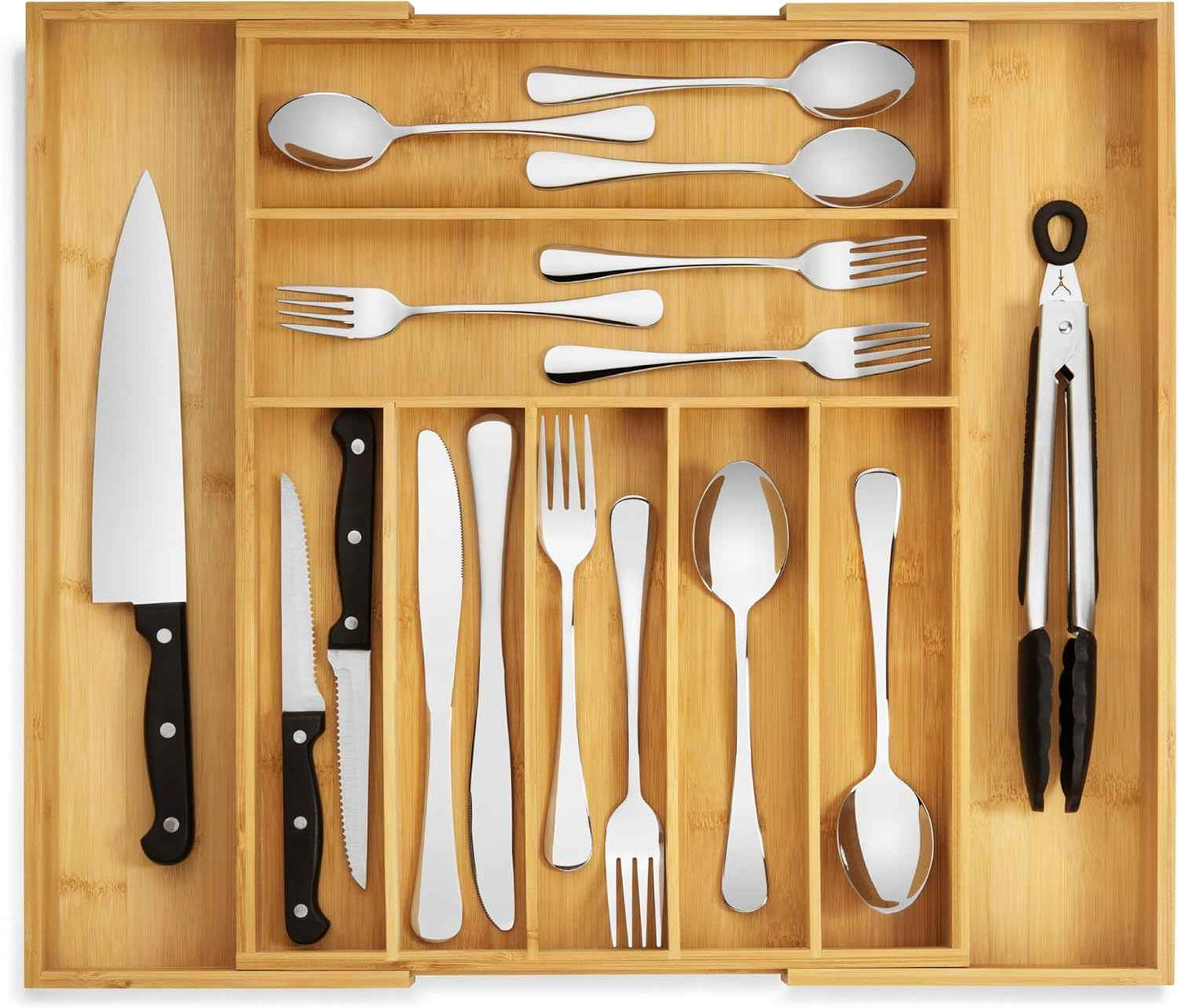 Purawood Bamboo Drawer Organizer - Expandable Silverware Organizer & Utensil Drawer Organizer, Cutlery Tray with Dividers, 7-9 Slots- Kitchen Organizer for Utensils & Flatware (Natural)