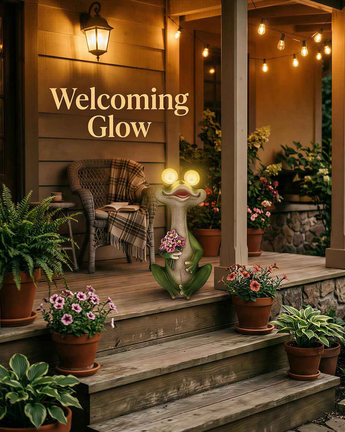 iStatue Solar Frog Garden Statue with Blinking Light-Up Eyes, Resin Outdoor Garden Decor Frog Holding Flowers, Waterproof Animal Figurine for Patio Lawn Yard Porch Balcony (Green)
