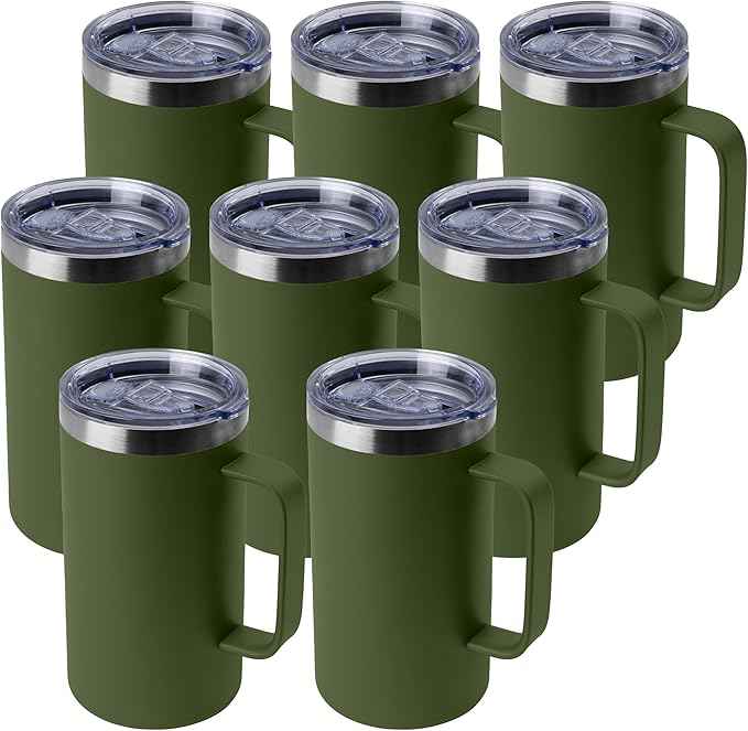 DOMICARE 24oz Mug with Handle and Lid, Stainless Steel Coffee Mug, Travel Mug with Handle, Double Wall Vacuum Coffee Tumbler, Reusable Insulated Cup, Army Green, Pack 8