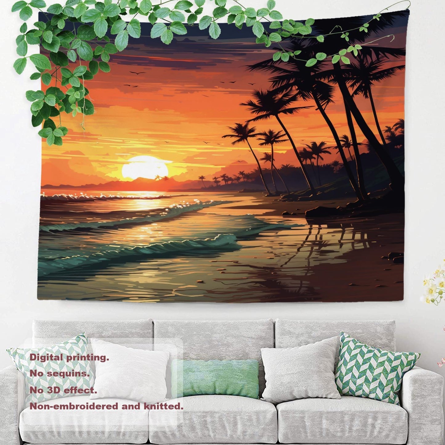 Shrahala Sunset Beach Wall Tapestry, Tropical Seaside Scene Wall Hanging Large Tapestry Decoration Polyester Fiber White Hem Around For Dorm Room Bedroom 59.1 X 82.7 In
