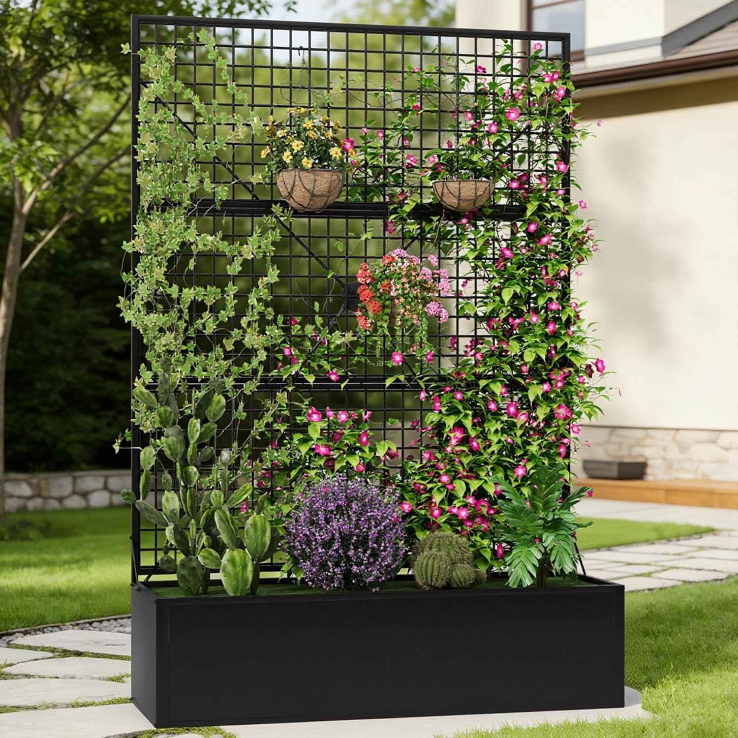 Privacy Planters for Patio – Metal Raised Garden Bed with Trellis and Privacy Screen, 71"×47.2"×16" Planter Box with Drainage Holes for Climbing Plants, Vegetables, and Vines, Outdoor Backyard Black