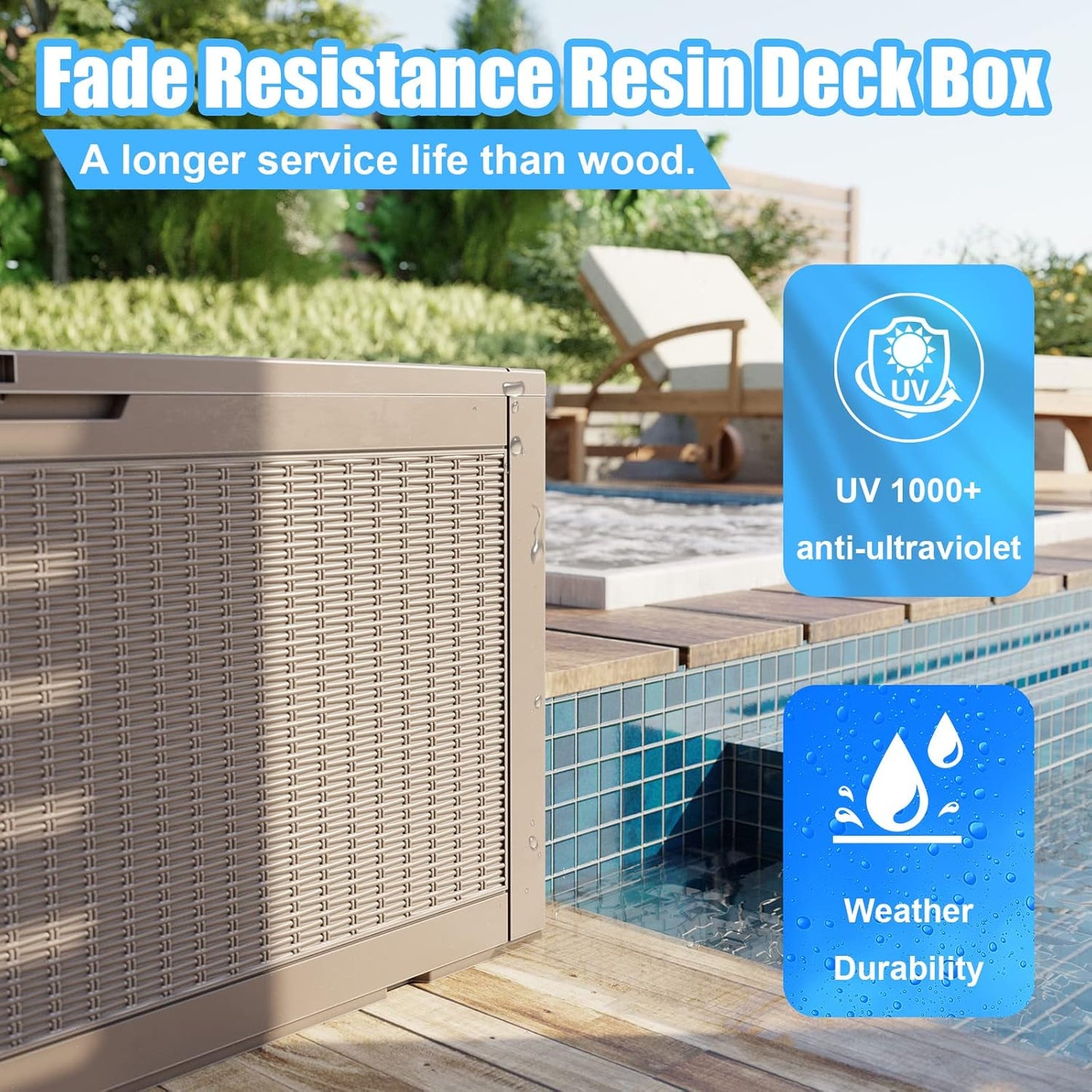 DRATO 260 Gallon Deck Box, Outdoor Large Waterproof Resin Storage Box with Lockable Lid for Patio Cushions, Gardening Tools, Sports Equipment, Light Brown