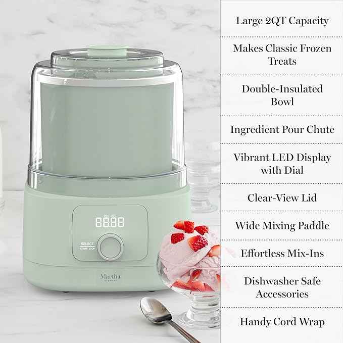 Martha Stewart Ice Cream Maker, 2 Quart Double-Insulated Freezer Bowl, Sorbet & Frozen Yogurt, Ready in 20 Minutes, Mix-Ins Chute, Easy to Clean, Honeydew Green