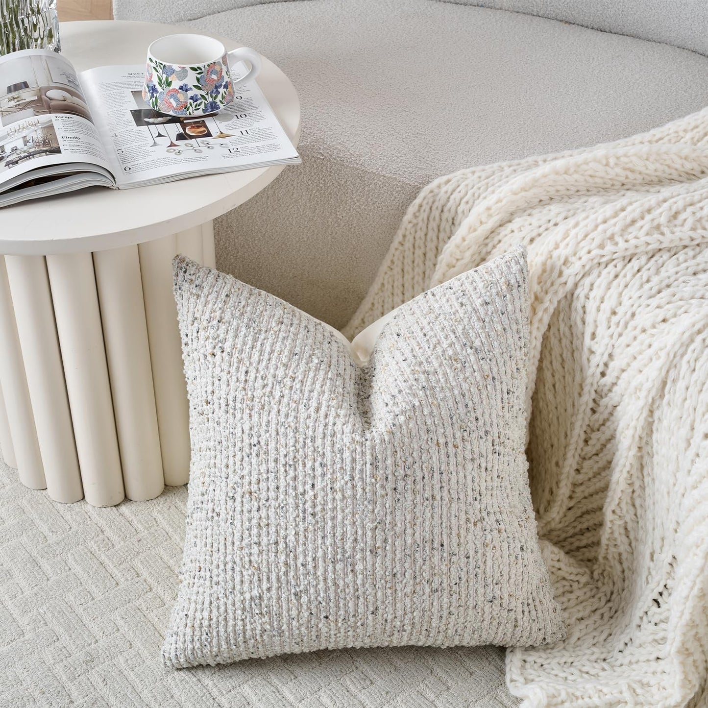 Striped Throw Pillow Covers 22x22 Set of 2 Cream Grey Textured Boucle Chic Morden Boho Accent Farmhouse Square Decorative Couch Pillow Covers for Home Decor Bed Sofa Living Room