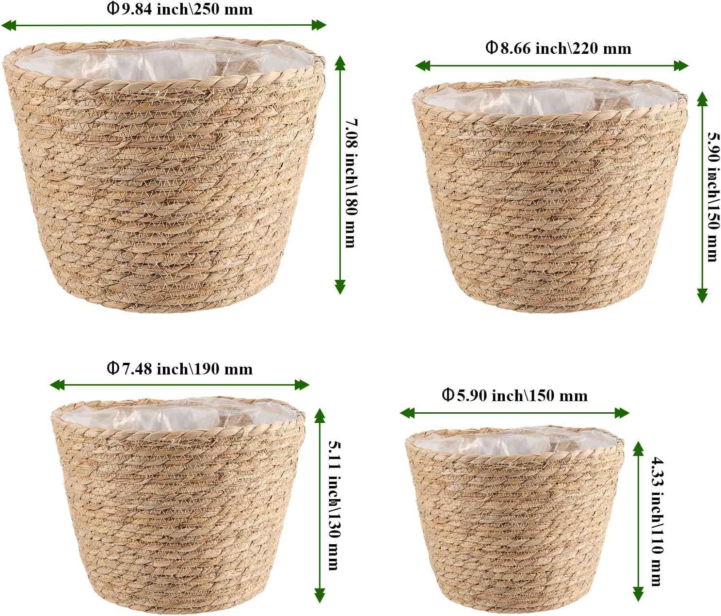 Set of 4 Seagrass Planter Basket, 6" 7" 9" 10" Hand Woven Plant Basket with Waterproof Plastic Liner, Round Natural Flower Pot for Indoor Outdoor Modern Home Decoration, Brown
