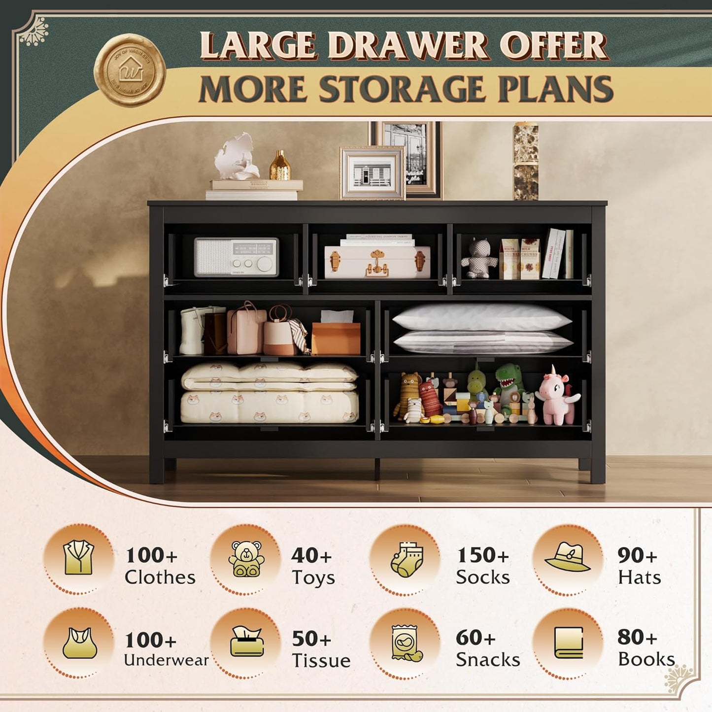 WLIVE Farmhouse Dresser for Bedroom, 51.18'' Wide 7 Drawer Wood Dresser, Black TV Stand for 65 inch TV, Wooden Chest of Drawers for Bedroom, Modern Clothes Organizer for Living Room, Hallway