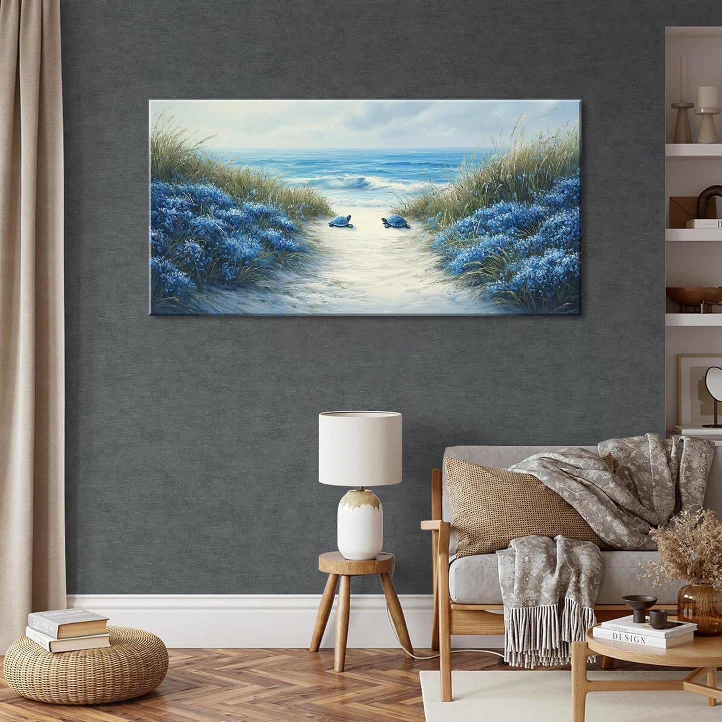 LASMOND Romantic Beach Wall Art for Living Room Blue Sea Turtle Lovers Canvas Painting Prints Ocean Sandy Romance Flowers Large Bedroom Office Decor Artwork (46x23 Inches)