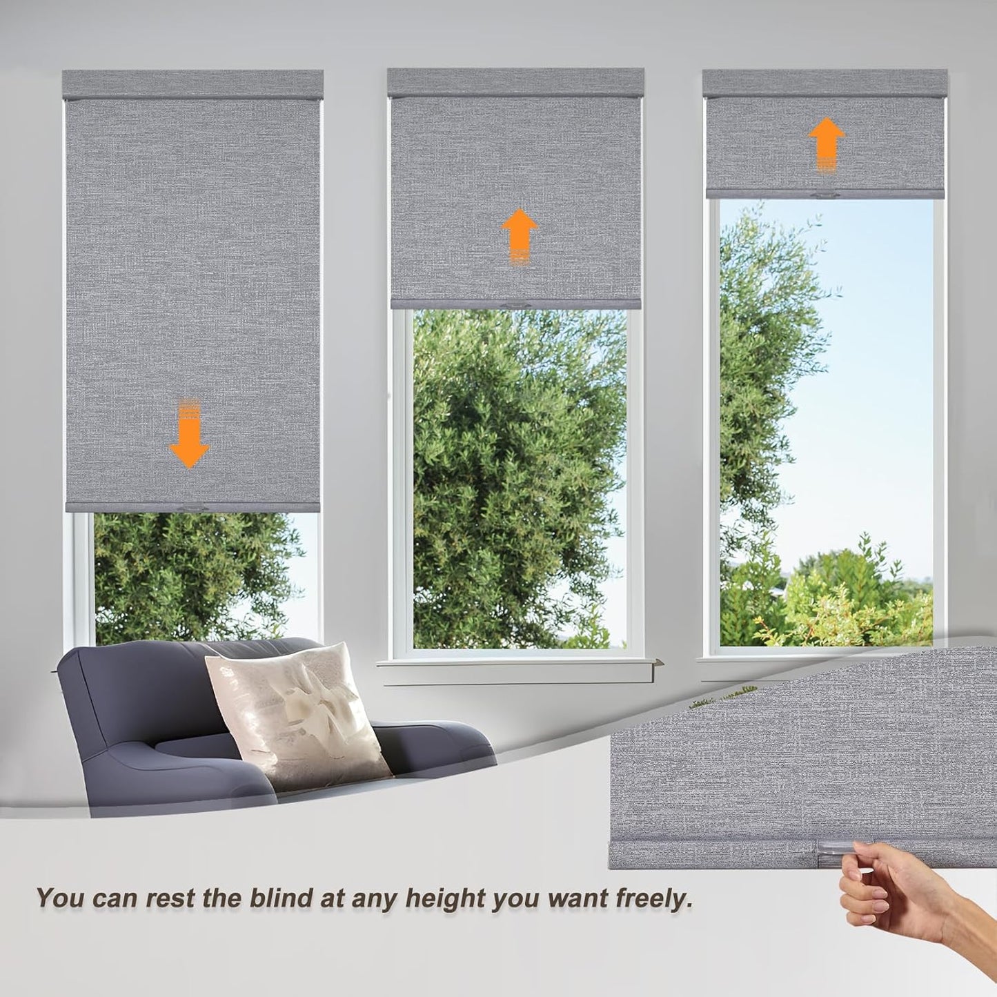 Persilux Blackout Roller Shades for Indoor Windows with Upgraded Cassette, Cordless Shades Window Blinds Pull Down for Doors, Easy to Install for Office/Living Room/Bedroom, Grey(38.5" W x 64" H)