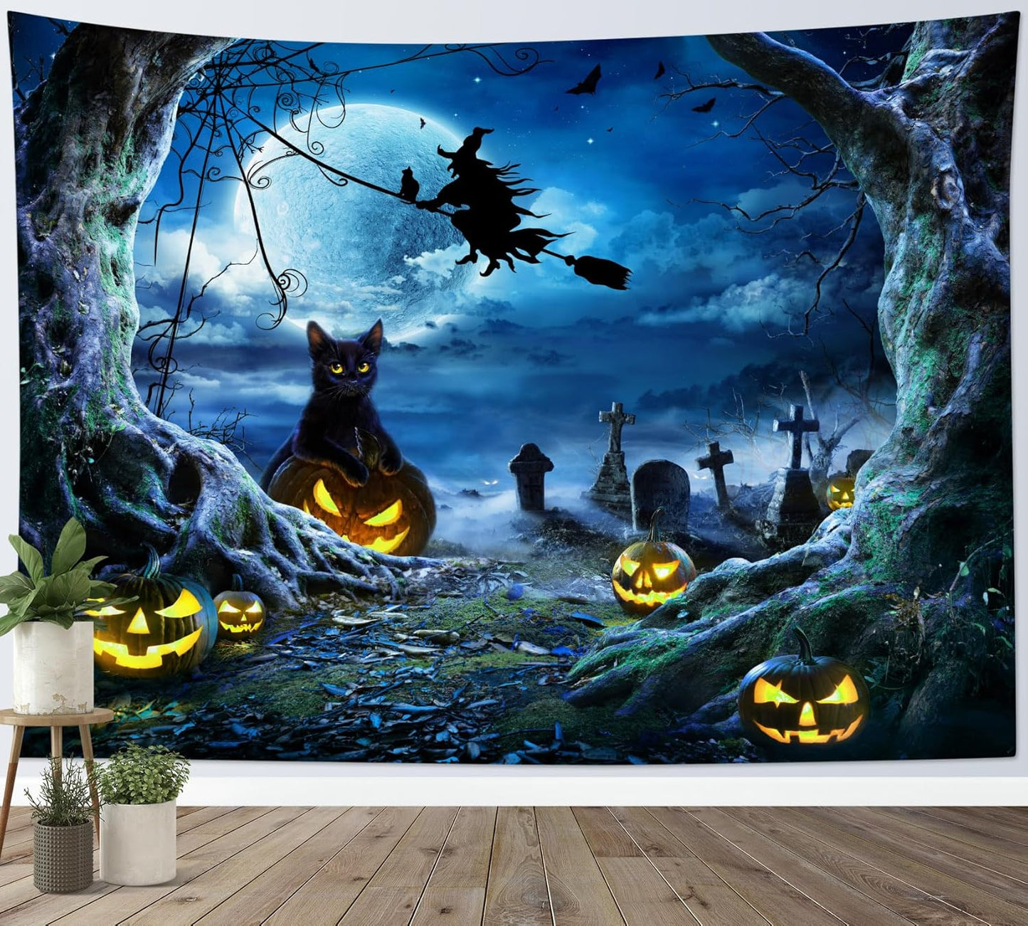 LB Halloween Wall Tapestry 92.5x70.9 Inch - Spooky Graveyard Scene with Witch, Black Cat, Pumpkin, Full Moon & Dead Tree Decor for Bedroom, Living Room, Dorm, Party