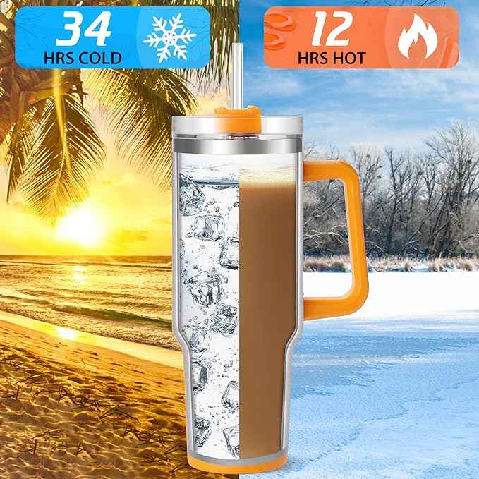 TaroKitc 40 oz Tumbler with Handle | Stainless Steel Insulated Travel Mug with Lids and Straw | Iced Coffee Cup | Keeps Drinks Cold for 34 Hours | Dishwasher Safe, BPA Free | Orange