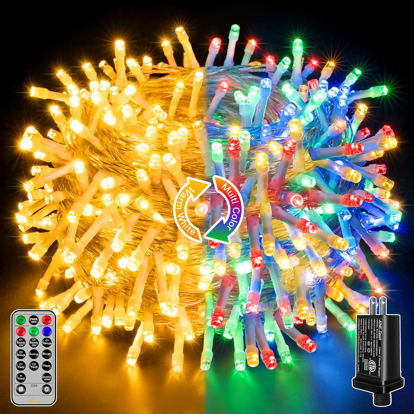 Ollny Christmas String Lights Indoor Outdoor 200LED/66FT Multicolored to Warm White Color Changing with Remote Control Timer 11 Lighting Modes Waterproof for Bedroom House Easter Xmas Decorations