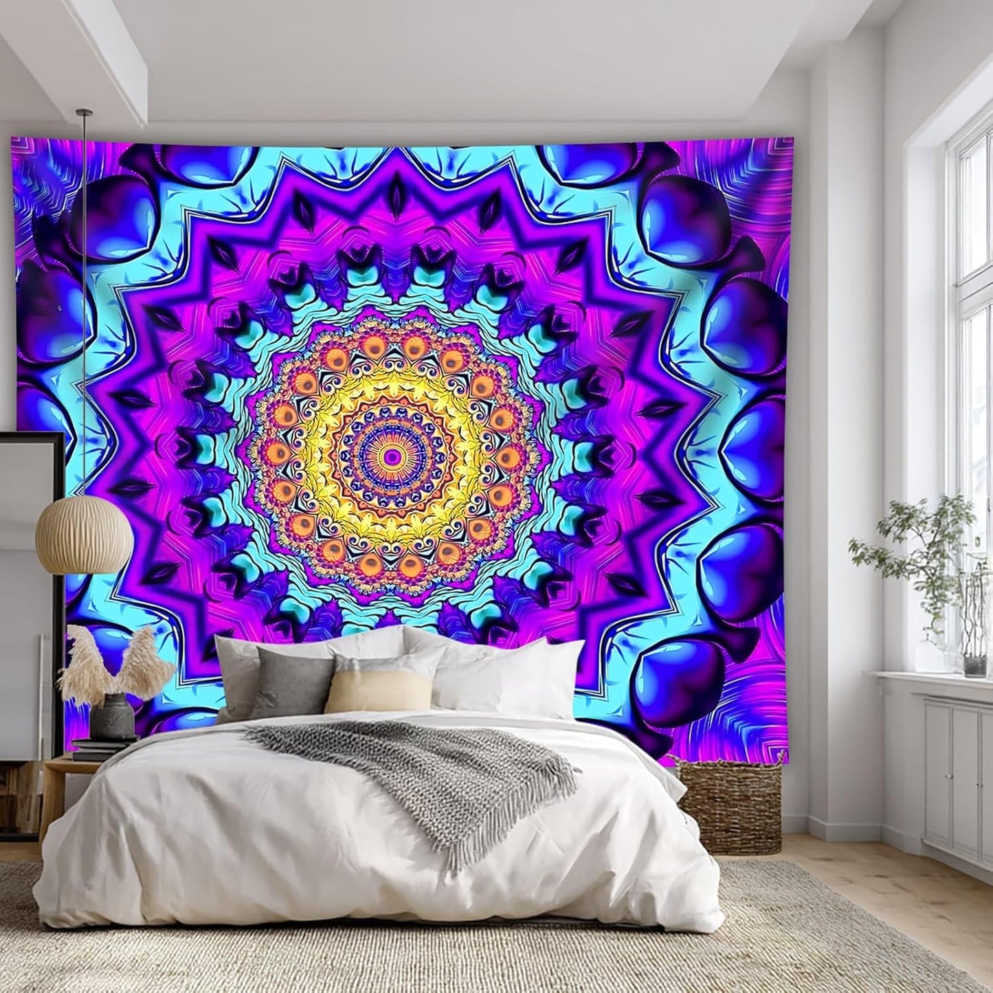 Blacklight Mandala Tapestry for Bedroom, Black Light Posters for Adults and Teens, Colorful UV Reactive Aesthetic Bohemian Wall Art Decor (40 x 30 Inches)
