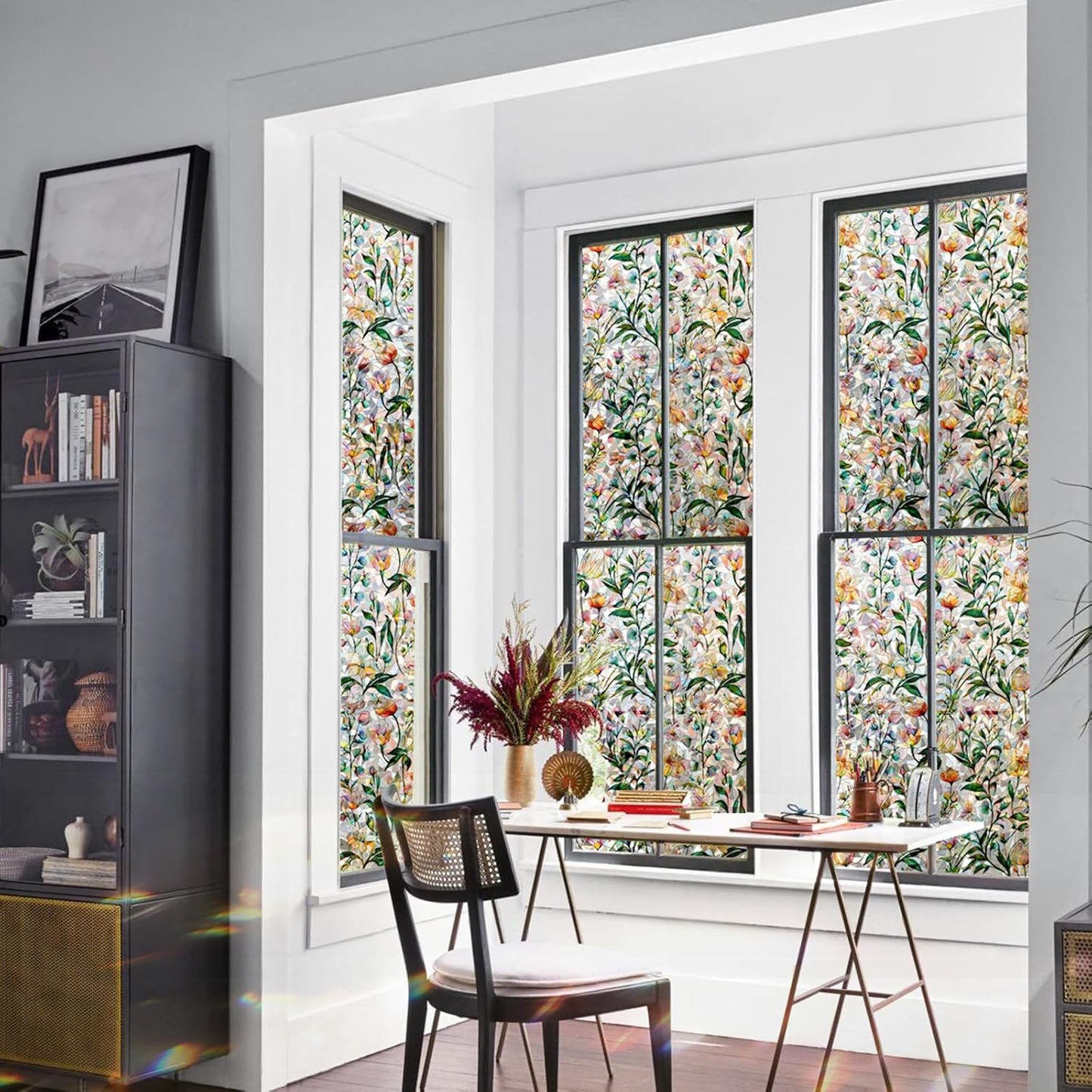 Rainbow Window Privacy Film 3D Floral Decorative Stained Glass Window Film Anti UV Non-Adhesive Reusable 17.5" x 157.4" for Home Room Car Glass Cling