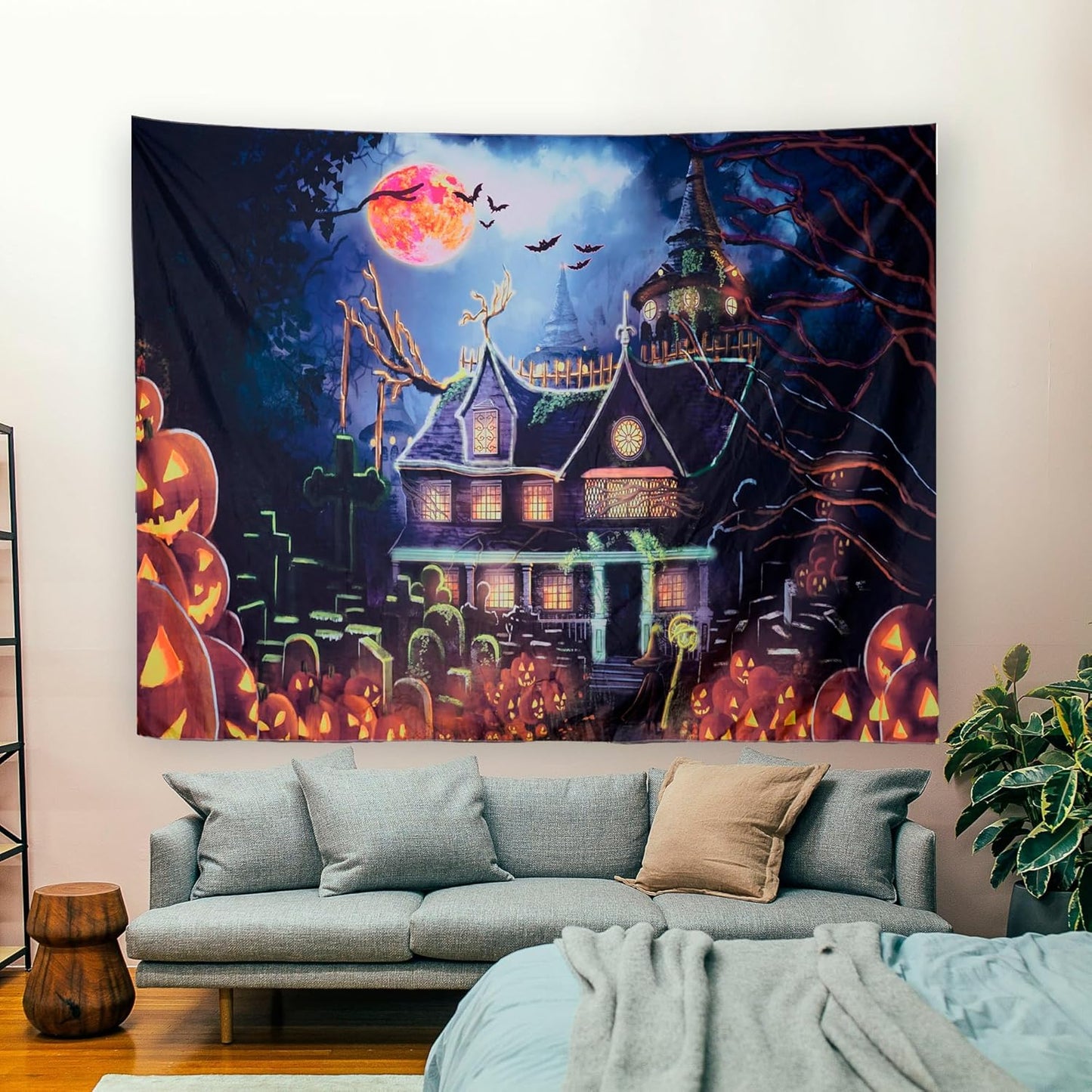 OSVINO Blacklight Halloween Castle Tapestry 90"x70" Pumpkins Bats Crosses Backdrop Bedroom Aesthetic Hippie Room Decor Glow in The Dark Wall Poster for Halloween Easter