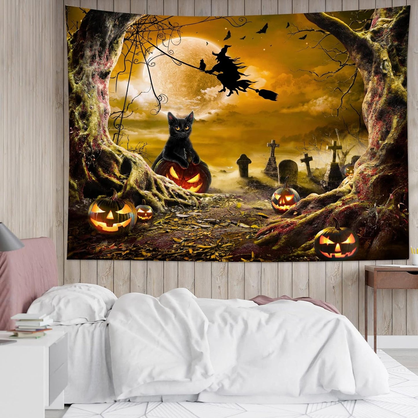 LB Halloween Wall Art - Horror Witch Cat & Dead Tree Pumpkin Lights with Spooky Graveyard Orange Full Moon over Misty Forest Wall Tapestry for Bedroom & Living Room - 48x36 Inch