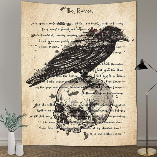 The Raven Tapestry Edgar Allan Poe Poem Tapestry Gothic Skull Dictionary Tapestries Wall Hanging Background 60x80 Inches Living Room Bedroom Home Dorm GTQQAY1544
