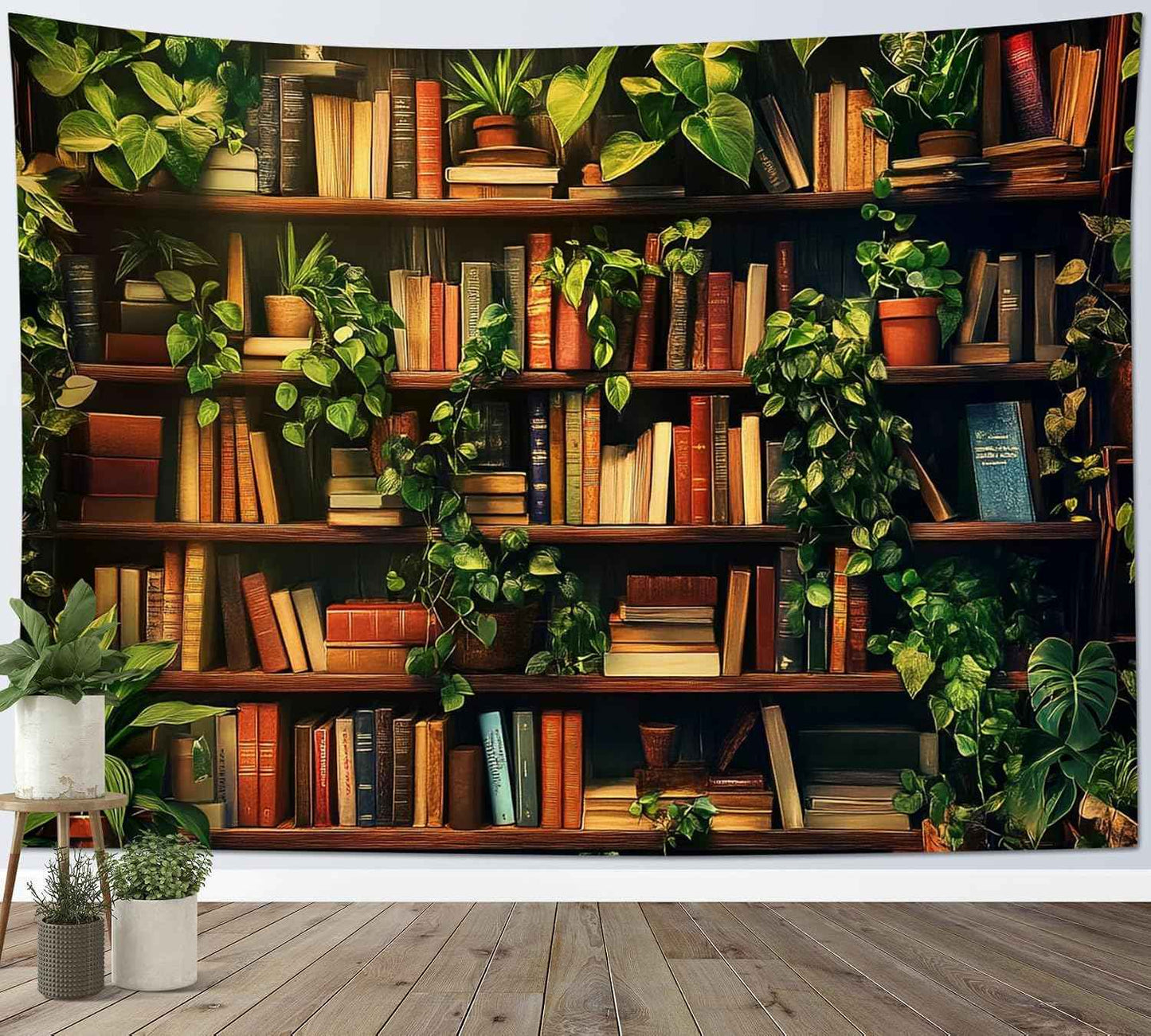 HVEST Botanical Bookshelf Tapestry Wall Hanging Book Shelf Green Plant Tapestry for Bedroom Vintage Retro Library Book Wall Art Tapestries for Living Room College Dorm Party, 40L X 60W inches