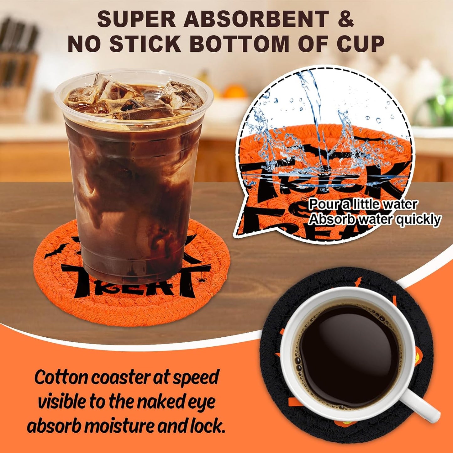 Whaline Happy Halloween Cotton Coasters Black Orange Pumpkin Face Handmade Braided Drink Coasters Absorbent Cup Mats for Trick or Treat Party Home Table Decor, Set of 4