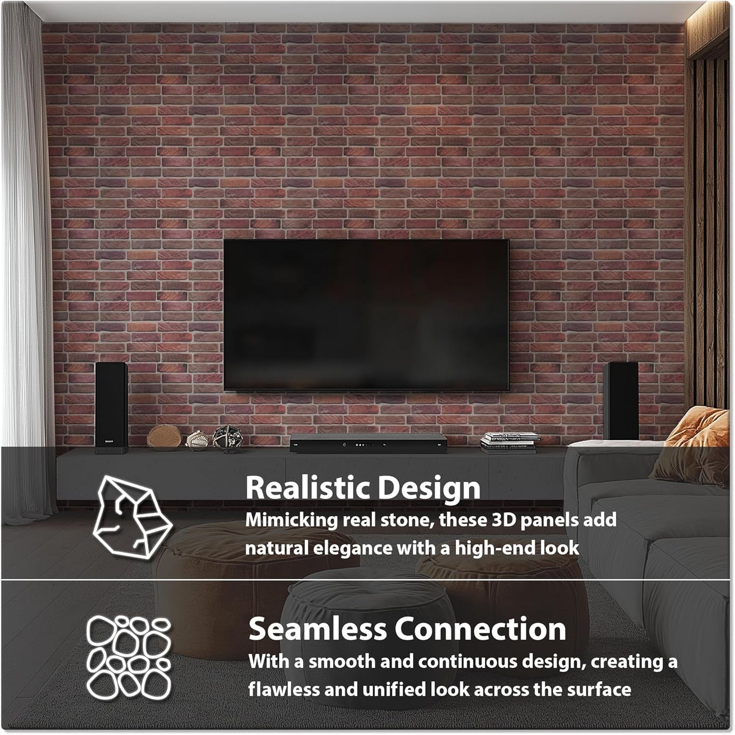 CONCORD WALLCOVERINGS ™ 3D Red Faux Brick Wall Panels - Pack of 10, Lightweight 17.5" x 24" (44.5 cm x 61 cm) PVC Sheets, Decorative Stone Tiles for Living Room, Kitchen - Covers 28.86 Sq Ft (572OR)