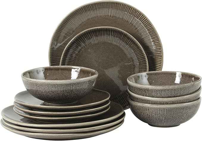 Gibson Elite Sandy Pines Stoneware Plates and Bowls Set - 12 Piece Reactive Glaze Dinnerware Set - Service for 4 - Dishwasher and Microwave Safe - Brown