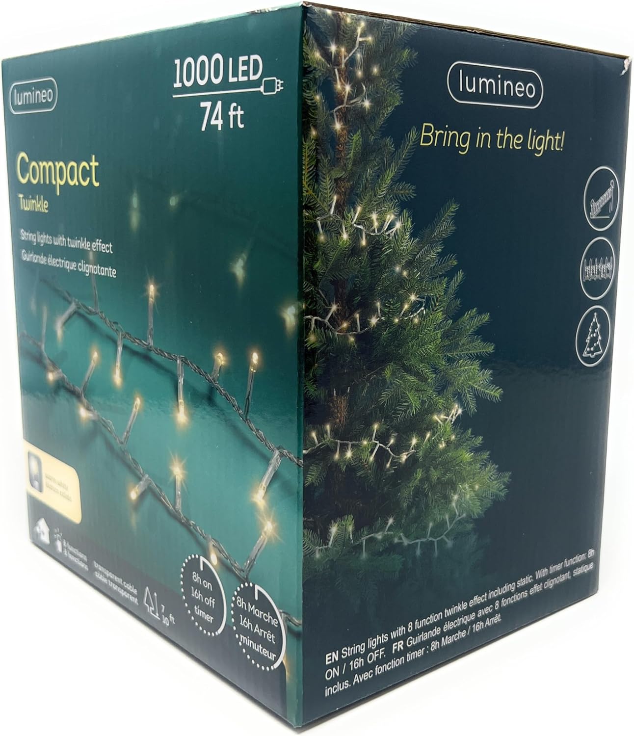 Lumineo 1000 LED Warm White Christmas Compact Lights Set, Transparent Wire 74 Feet