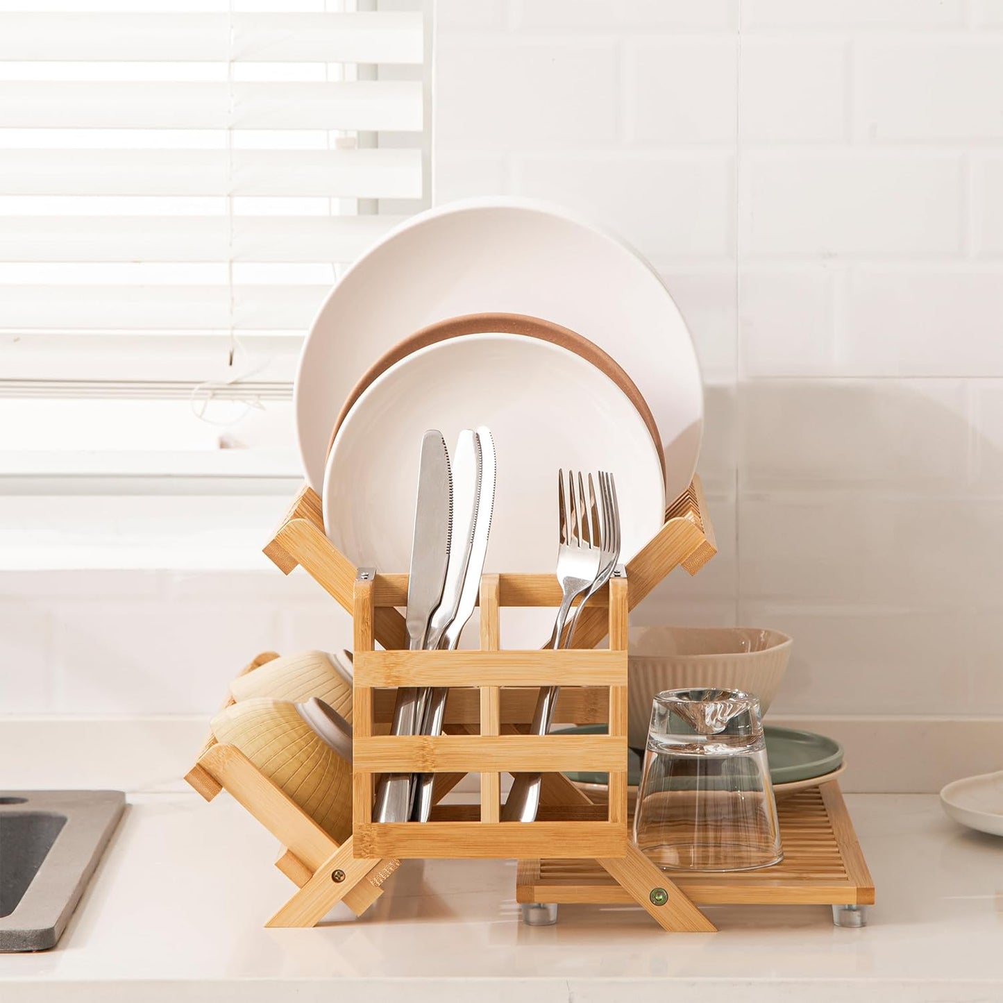 HBlife Bamboo Dish Drying Rack with Utensil Holder, 3-Tier Large Collapsible Wooden Dish Drainer Rack, Folding Drying Holder Dish Drainer for Kitchen Counter