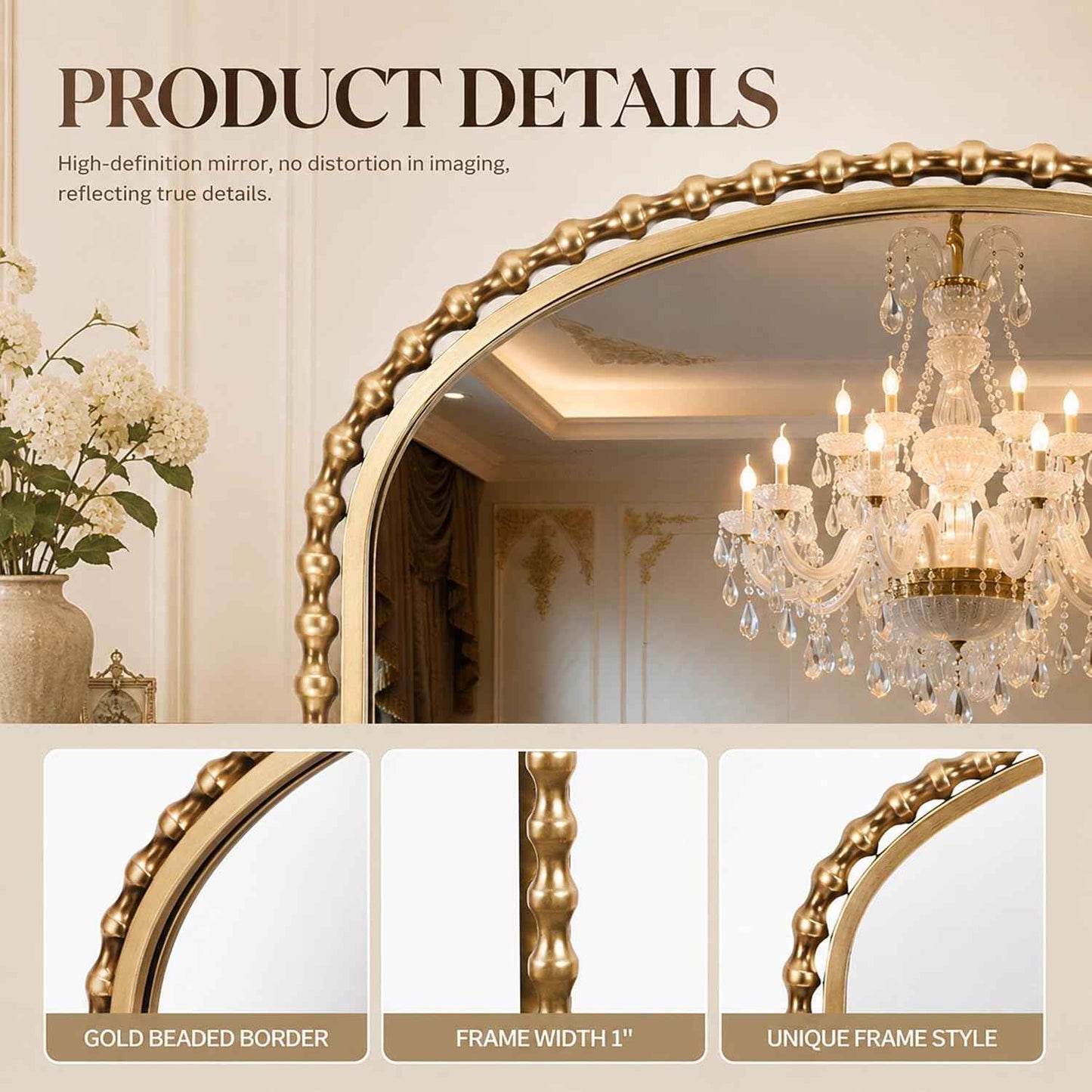 36x28 Inch Wide Arched Wall Mirror with Bold Antique Gold Beaded Frame, Decorative Mantel Mirror for Fireplace or Entryway, Horizontal Hanging Statement Mirror for Living Room Wall Decor