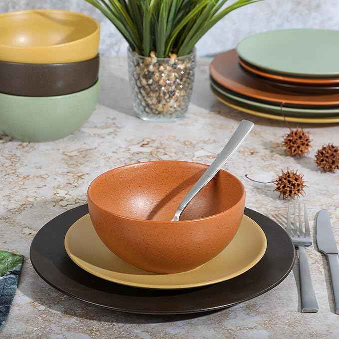 Gibson Elite Capetown Assorted Color Reactive Glaze Round Stoneware Dinnerware, Black, Yellow, Orange, Green, Service for Four (12pcs)