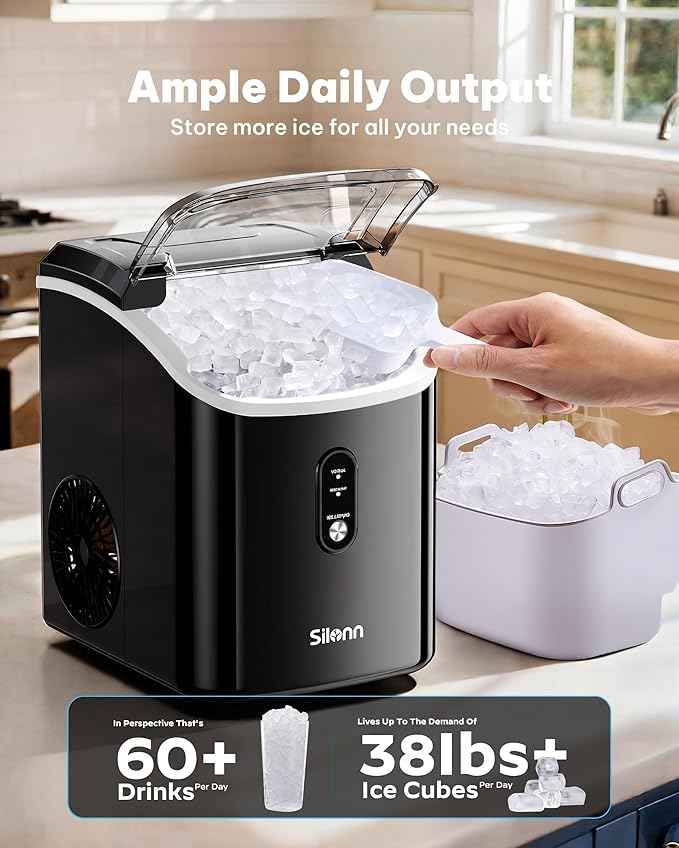 Silonn Nugget Ice Makers Countertop, 38lbs/24H Chewable Pellet Ice Machine with Self Cleaning Function, Portable Pebble Ice Maker with Ice Scoop for Home Kitchen Office, Black