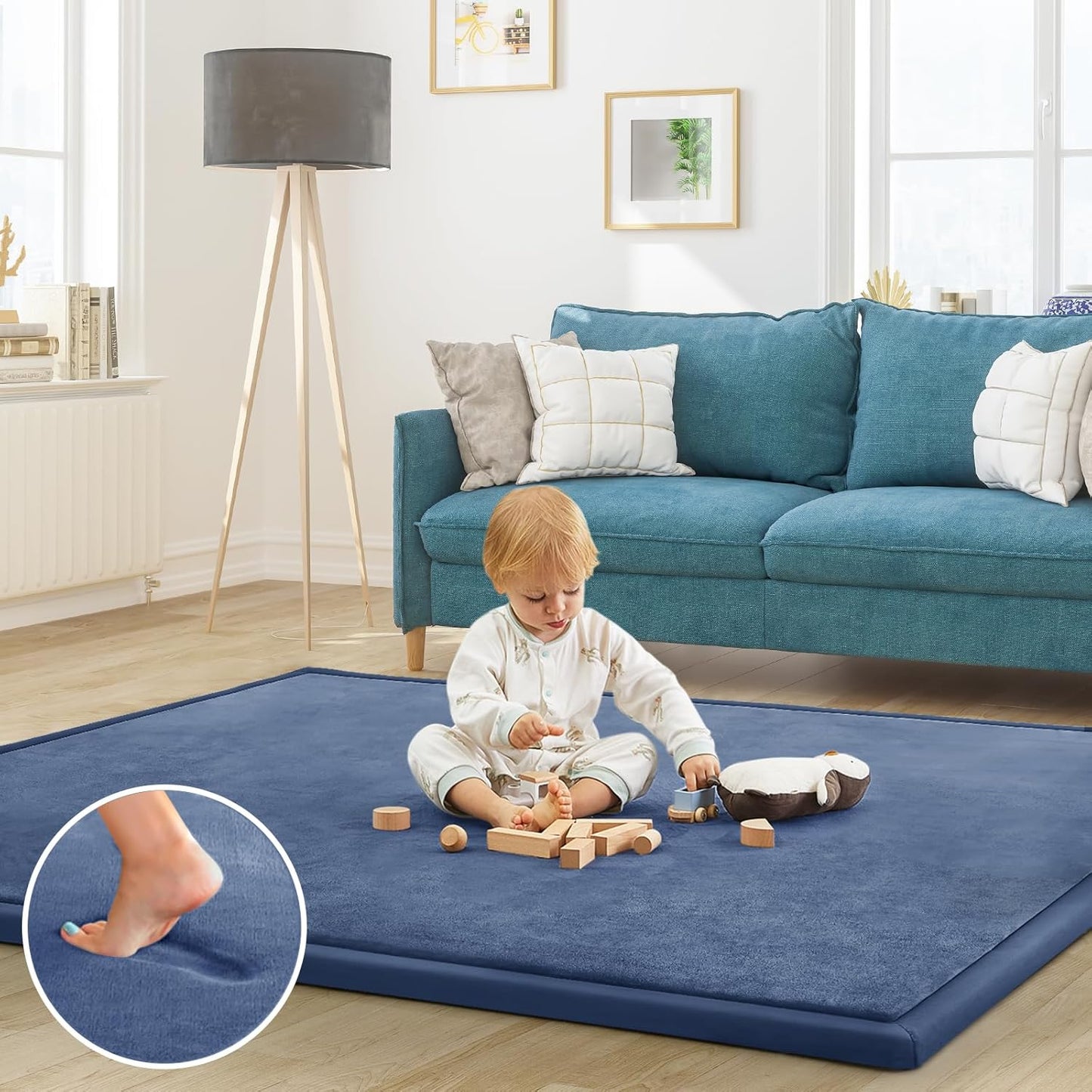 Baby Play Mat for Floor Tummy Time Mat Nursery Rug Muscle Mat Area Rug Playroom Rug Tatami Mat 6'7"x4'11" Memory Foam 1.3" Thick Crawling Mat for Babies,Toddlers, Infants, Kids,Floor Mat(Blue)