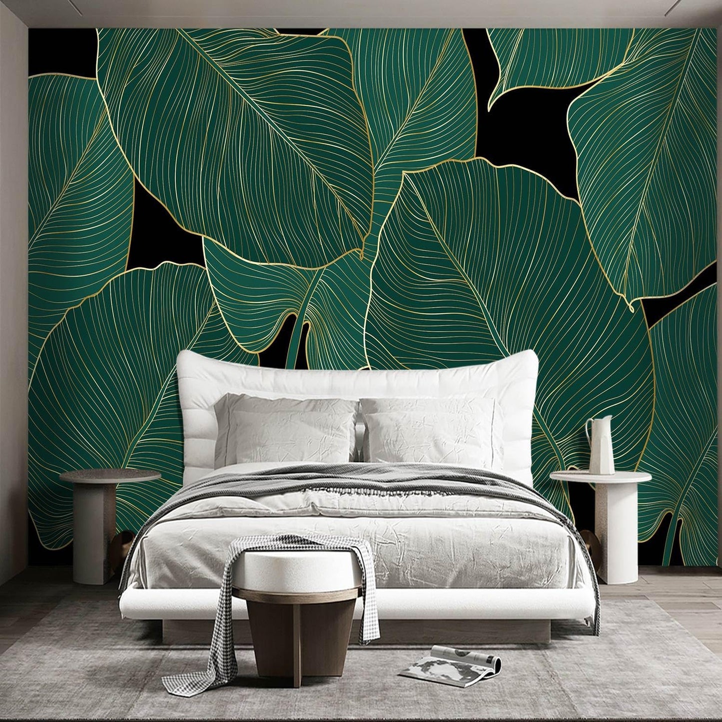 Black and Gold Leaf Mural Bedroom Tropical Green Botanical Wallpaper Room Plant Decor Living Room tv Background Large Wall Mural - 137"x96" (Not Peel and Stick)