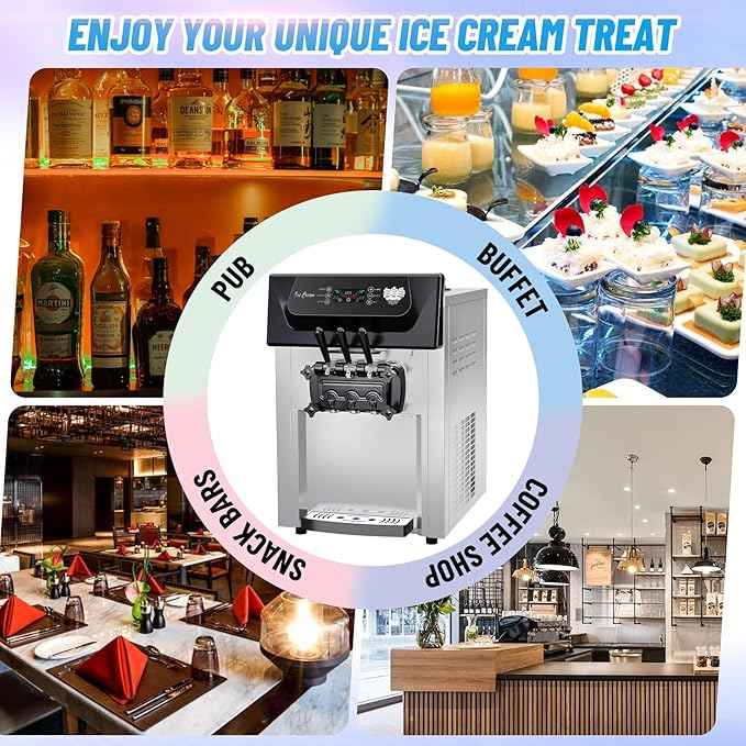 Commercial 1+2 Flavor Countertop Soft Ice Cream Machine, 5.8 to 7.9 Gal per Hour Soft Serve with 7" Touch Panel, 2200W, 115V, Auto Clean, High Productivity, Perfect for Snack Bar