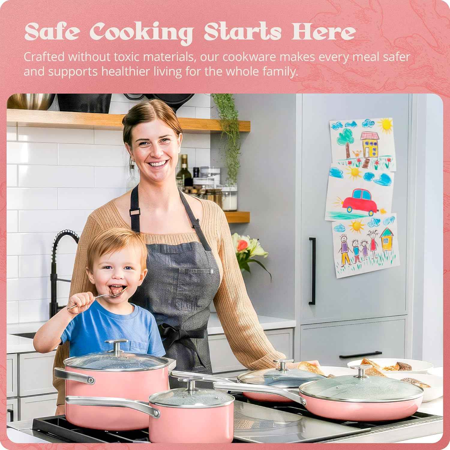 Premium Non-Toxic Ceramic Cookware Set – Triple-Layer Nonstick 12 Piece Pots and Pans with Lids, PFAS-Free, Oven Safe for Healthy Meals, Space-Saving Design, Coral Pink Color | Greater Goods