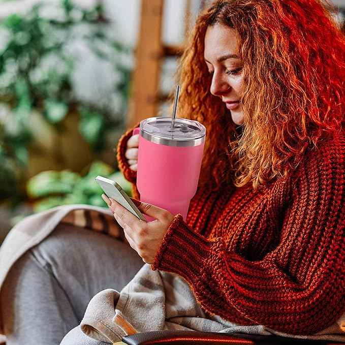 30 oz Tumbler With Handle, Double Wall Stainless Steel Vacuum Insulated Travel Mug with Splash-Proof Lid Metal Straw and Brush (Bright Pink)
