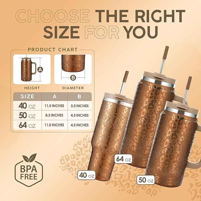 FAHRMOSIS 40 Oz Tumbler with Handle and Straw Insulated Cup that Fits in Cup Holder for Hot & Cold Drinks Leak Proof Tumbler with Straw Stainless Steel Travel Mug for Men & Women - Gold Leopard