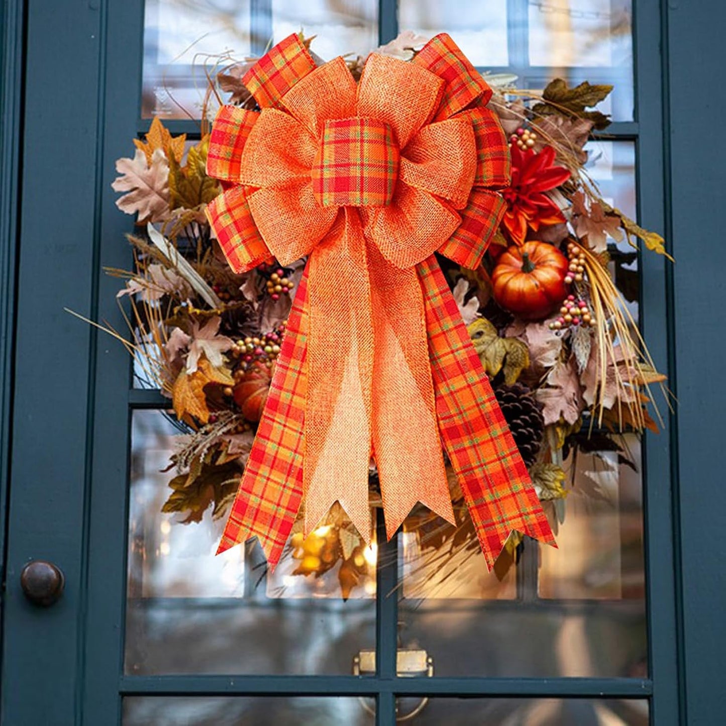 Iceyyyy Extra Large Fall Wreath Gift Bow -18.8x10.6inch Orange Buffalo Plaid Check Wreath Bow Swag Bow Thanksgiving Wreath Pre-Tied Bow For Fall, Thanksgiving, Christmas, Home Indoor Outdoor Ornaments
