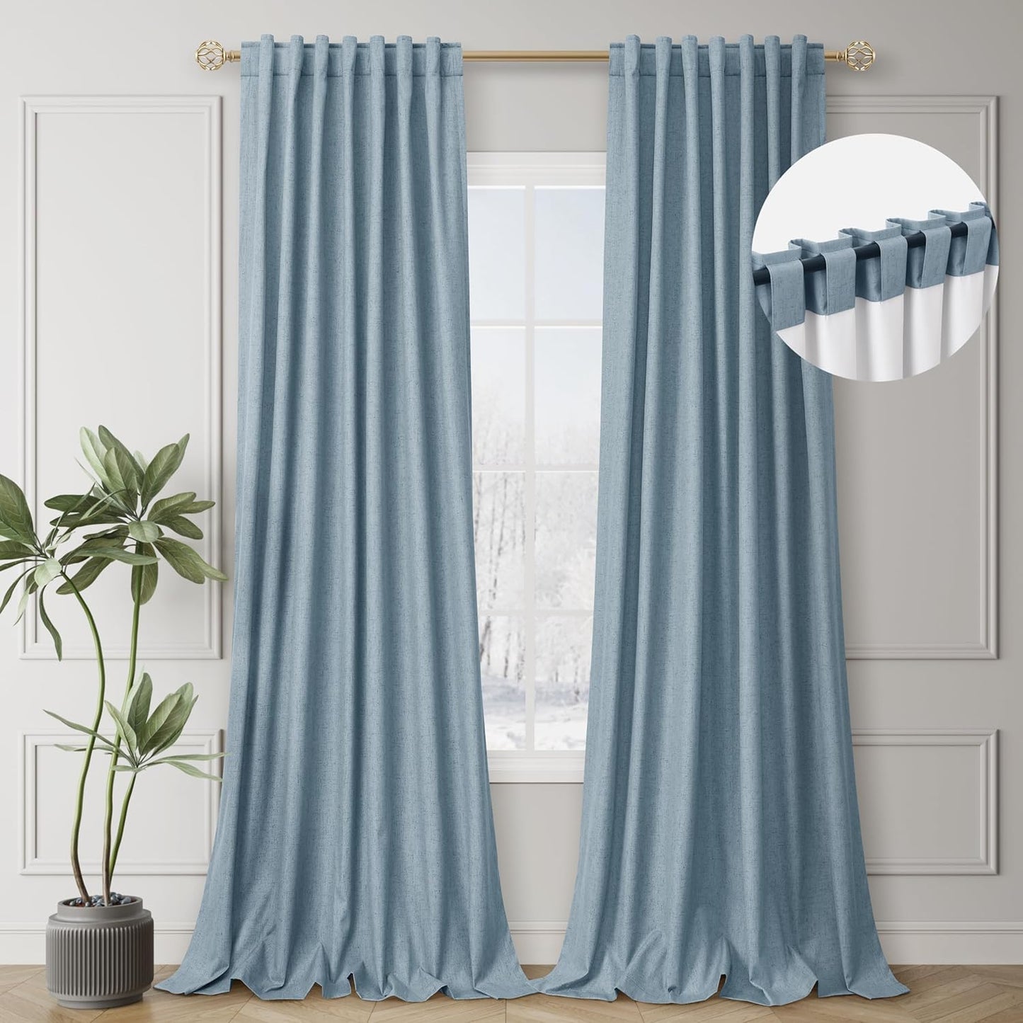 BOODII Room Darkening Curtains 96 Inches Long for Living Room Back Tab Blue Blackout Curtains Neutral Aesthetic Linen Textured Thermal Insulated Black Out Curtain Light Blocking Drapes Nursery 52x96