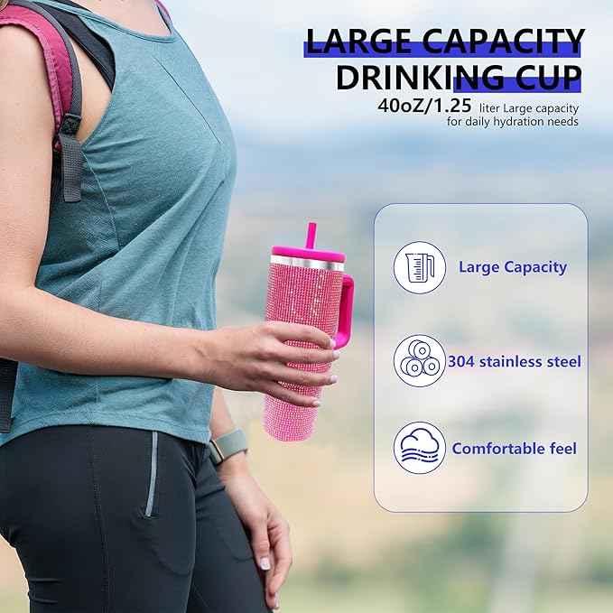 40-OZ Insulated Water Bottle,Insulated Stainless Steel Tumbler,Reusable Cold Drink Thermos,BPA-Free, Double-Wall Stainless Steel Water Bottle (Rose Red-Diamond, 40, Fluid Ounces)