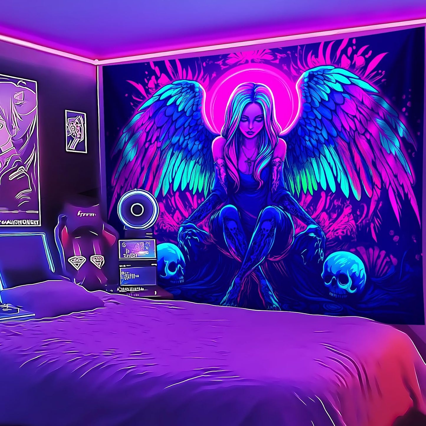 Blacklight Tapestry,WingTapestry Glow In The Dark,UV Reactive Black Light Upright Posters Wall Hanging for Bedroom Dorm Living Room Backdrop Decor (wing4, 90L" x 70W")
