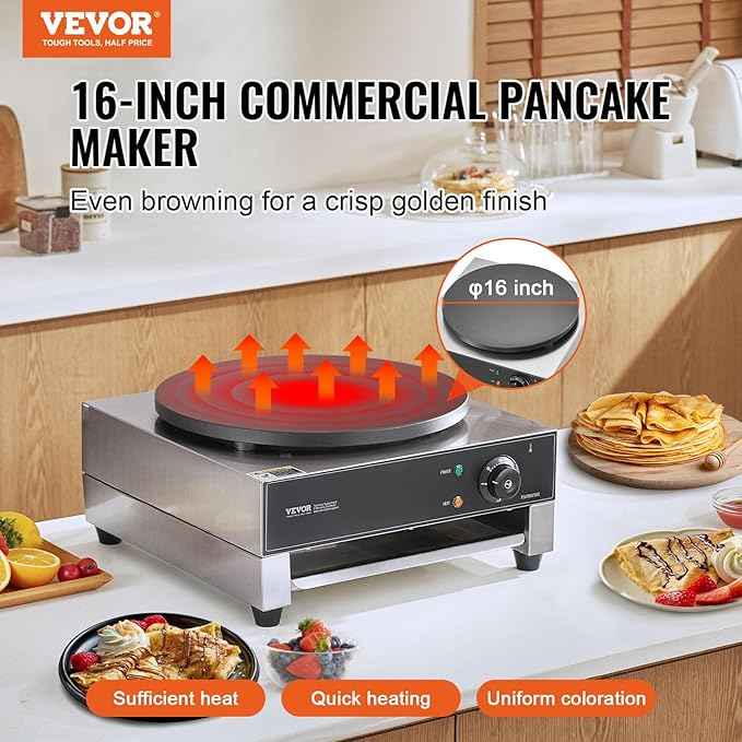 VEVOR Electric Crepe Maker, 16-Inch Commercial Crepe Machine, 1700W Flat Plate Crepe Griddle, Nonstick Stainless Steel Pancake Making Machine, Desktop Circular Cereals Pancake Stove with Temp Control