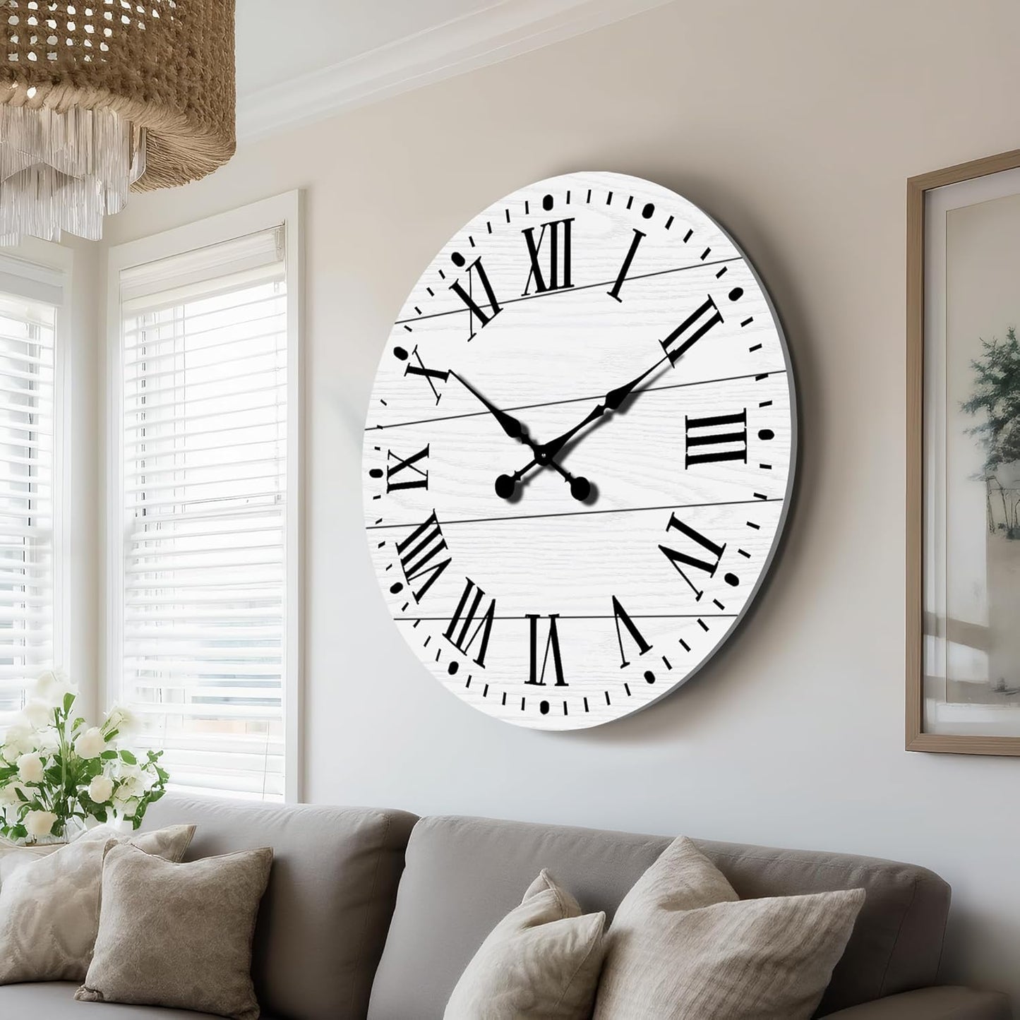 Large Wall Clock with Roman Numeral, 35” Shiplap Wall Clock Farmhouse Nearly Non-Ticking, Round Clock for Living Room Decor, Office, Bedroom, Entrance, White