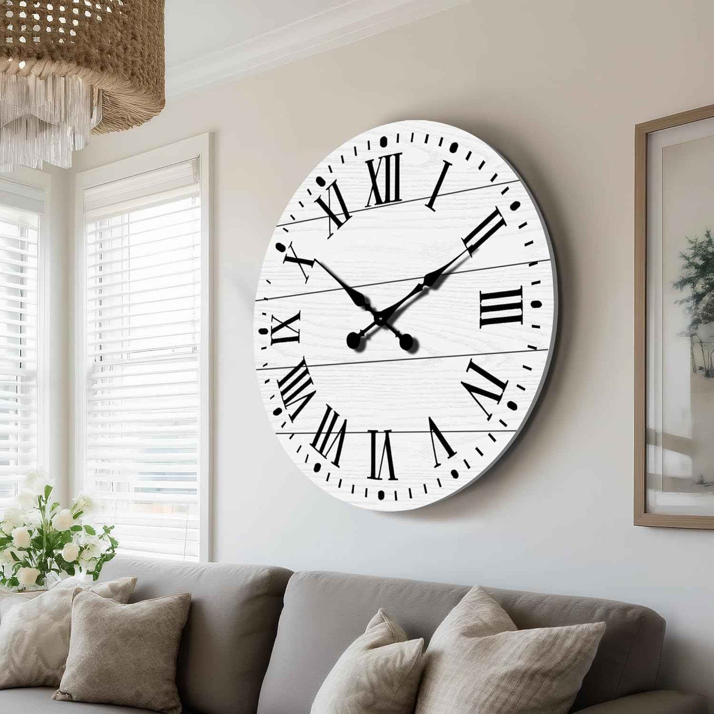 Large Wall Clock with Roman Numeral, 35.5” Shiplap Wall Clock Farmhouse Nearly Non-Ticking, Round Clock for Living Room Decor, Office, Bedroom, Entrance, White