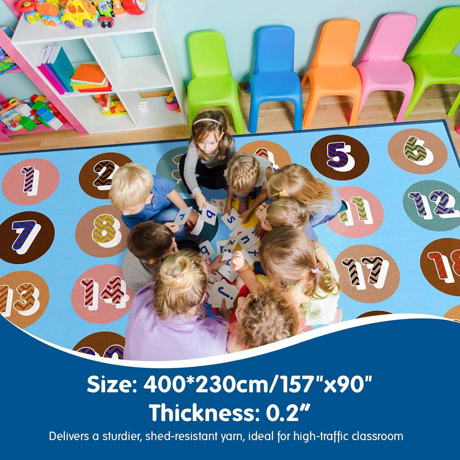 Booooom Jackson Pastel Number Seating Classroom Rug for Kids Room Seating Décor, 7'54''x13'12'' Large Preschool Carpet Seating Rug for Teaching and Playroom, Non-Slip Rubber Backing（Blue）
