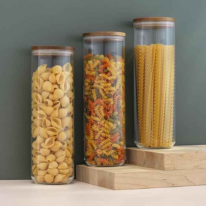 JoyJolt Holden 72oz Stackable Glass Storage Containers with Lids, Large Kitchen Food Storage Canisters with Acacia Wood Lids, Airtight Canister Set of 3 for Pasta Sugar Flour, Pantry Organization