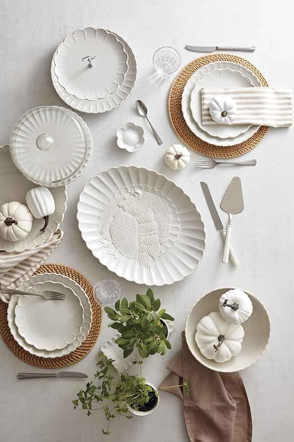 Lenox Serveware, Lenox French Perle Carved Turkey Platter, Scalloped, Oval, 18-Inch, Stoneware, Dishwasher Safe, Turkey Platter for Thanksgiving, Winter Hosting, Christmas Serving (White, 1 Piece)
