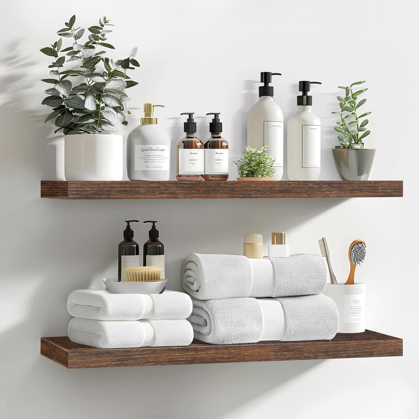 LaVie Home Floating Shelves, 24 Inch Wall Shelf Set of 2, Hanging Shelf with Invisible Brackets, Wall Decor for Bathroom, Bedroom, Living Room, Kitchen Storage, Rustic Brown