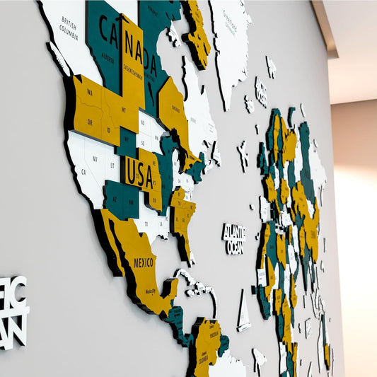 Colorfull Worlds 3D Wooden World Map Wall Art | Unique Wall Decor with Pins for Travel Enthusiasts | Home and Office Wall Décor | Gold-Blue | XLarge