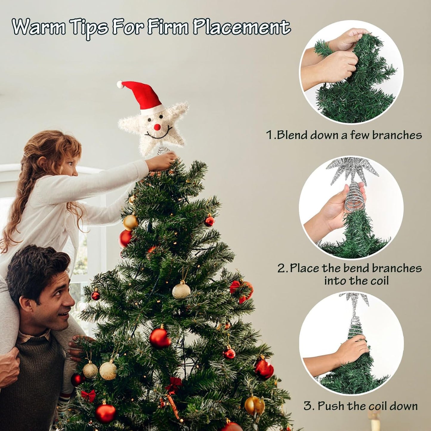 Christmas Tree Topper Snowman Star with Warm White 20 LED Lights, Xmas Tree Topper Star for Holiday Seasonal Decor Battery Required Outdoor Indoor