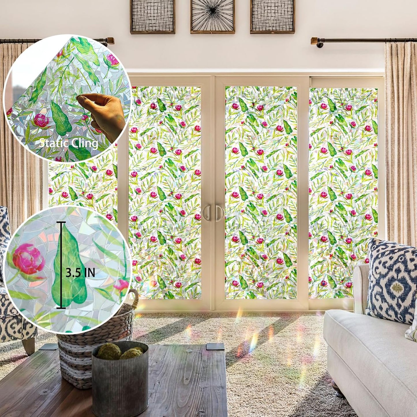 Rainbow Window Privacy Film 3D Floral Decorative Stained Glass Window Film Anti UV Non-Adhesive Reusable 23.6" x 157.4" for Home Room Car Glass Cling