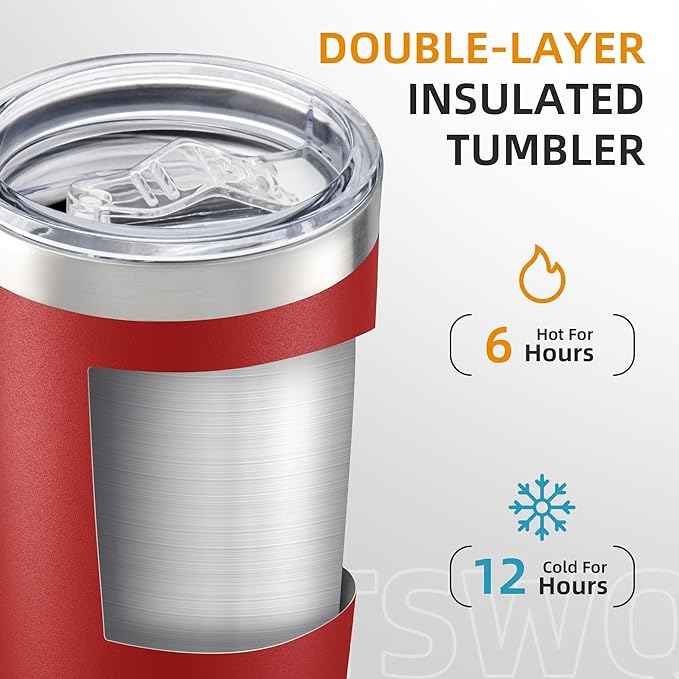 20 oz Tumbler Bulk with Lid Stainless Steel Insulated Tumblers Double Wall Vacuum Coffee Mug Powder Coated Tumbler Cups for Cold and Hot Drinks, Wine Red, 6 pack